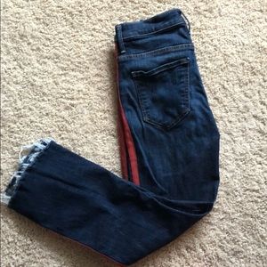 Mother red stripe frayed jeans